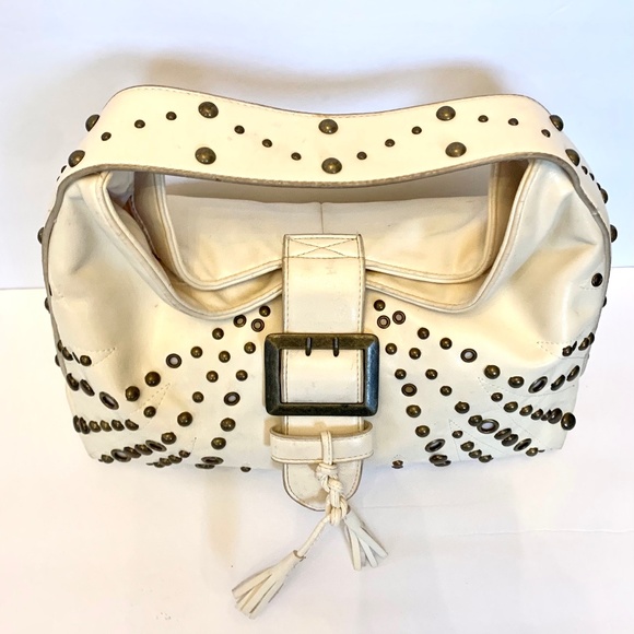 Cream Satchel with Brass Studs and Tassel Buckle Clasp - Picture 5 of 12